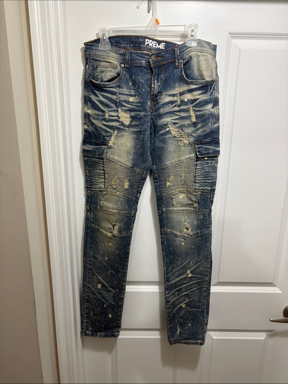 Men's Distressed Blue Washed Moto Jeans